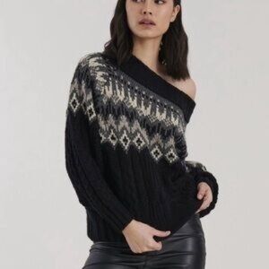 Chic Off-the-Shoulder Black and Cream Sweater